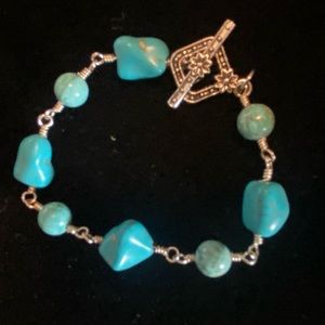 Vintage Turquoise Stone and Silver Tone Toggle Bracelet, 7 1/4”